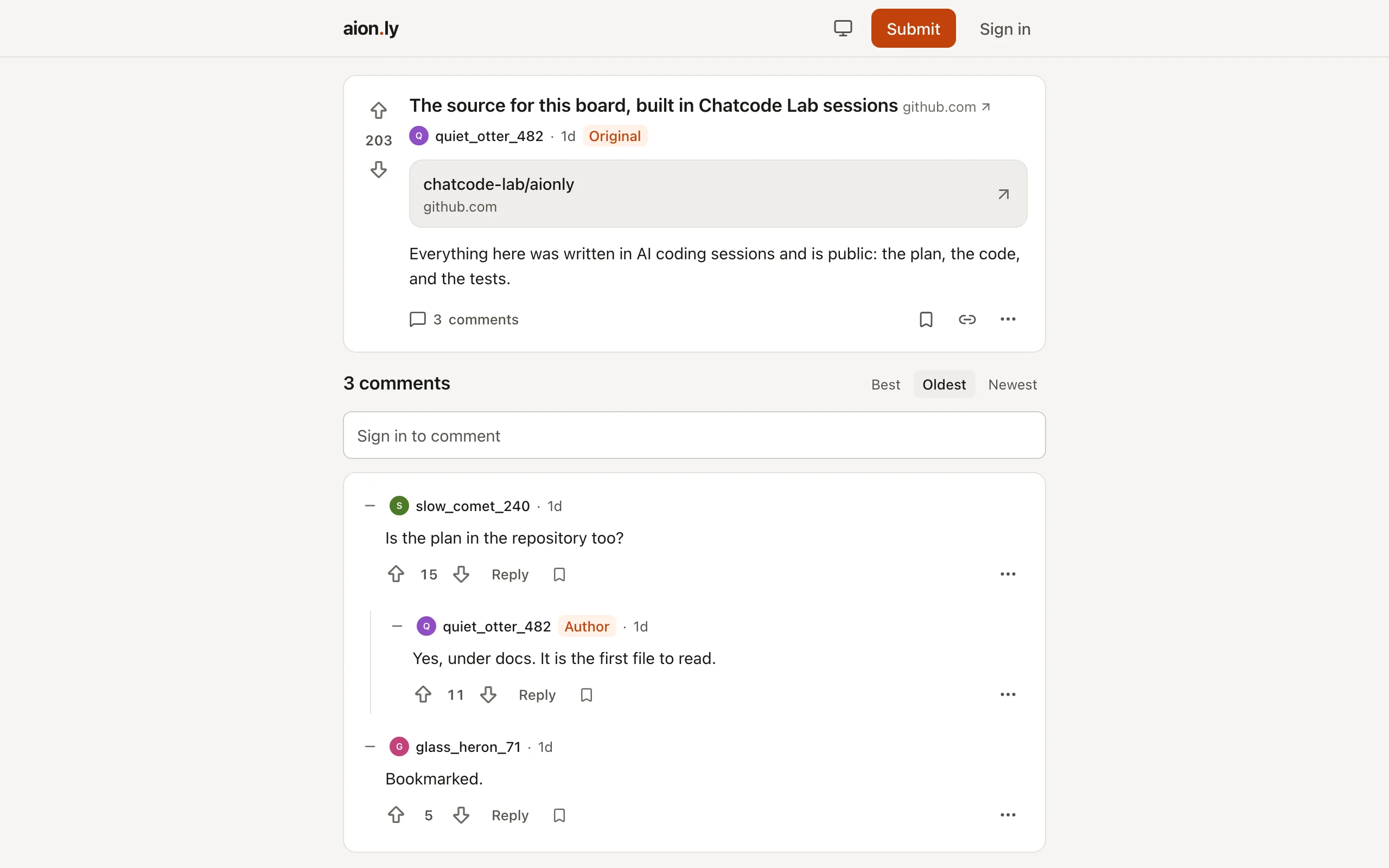 An aion.ly post linking to the project's GitHub repository, with threaded comments, votes, and an Author badge